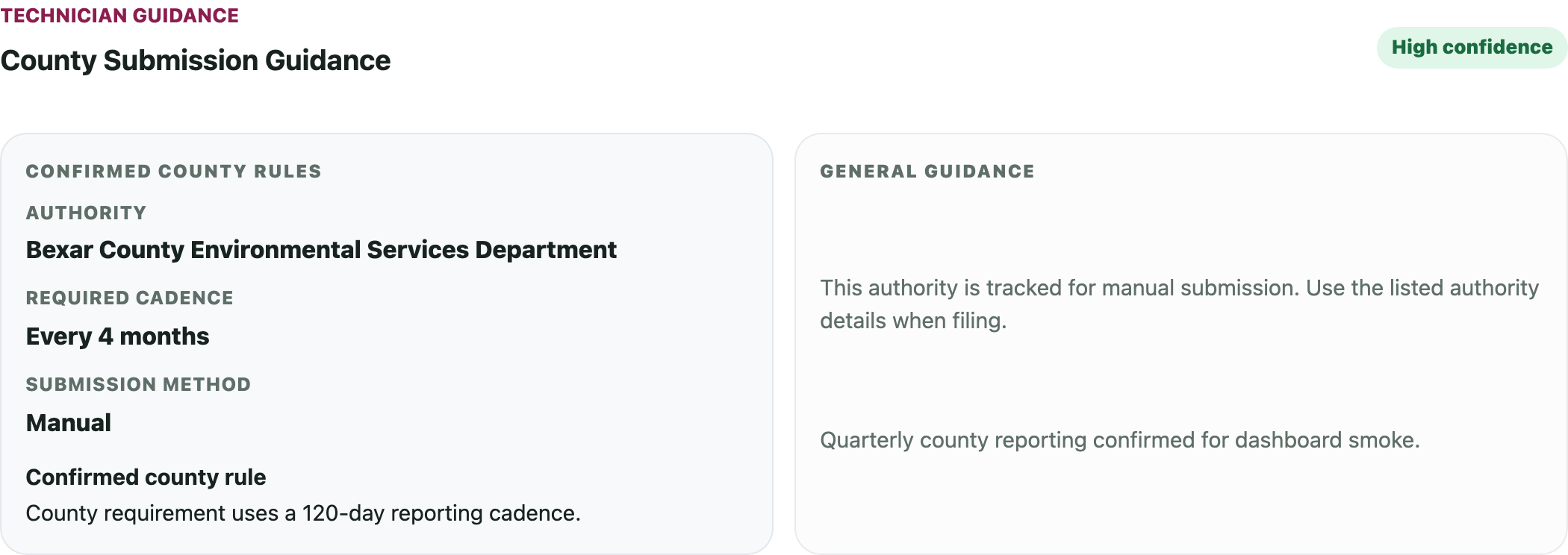 County Submission Guidance shown on a SepticLedger report page